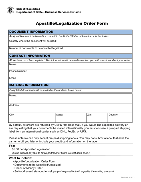 Apostille / Legalization Order Form - Rhode Island Download Pdf