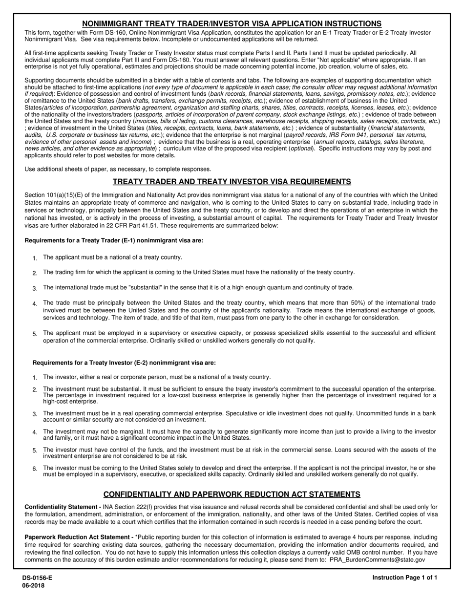 Form DS 156E Download Fillable PDF Or Fill Online Nonimmigrant Treaty Trader Investor