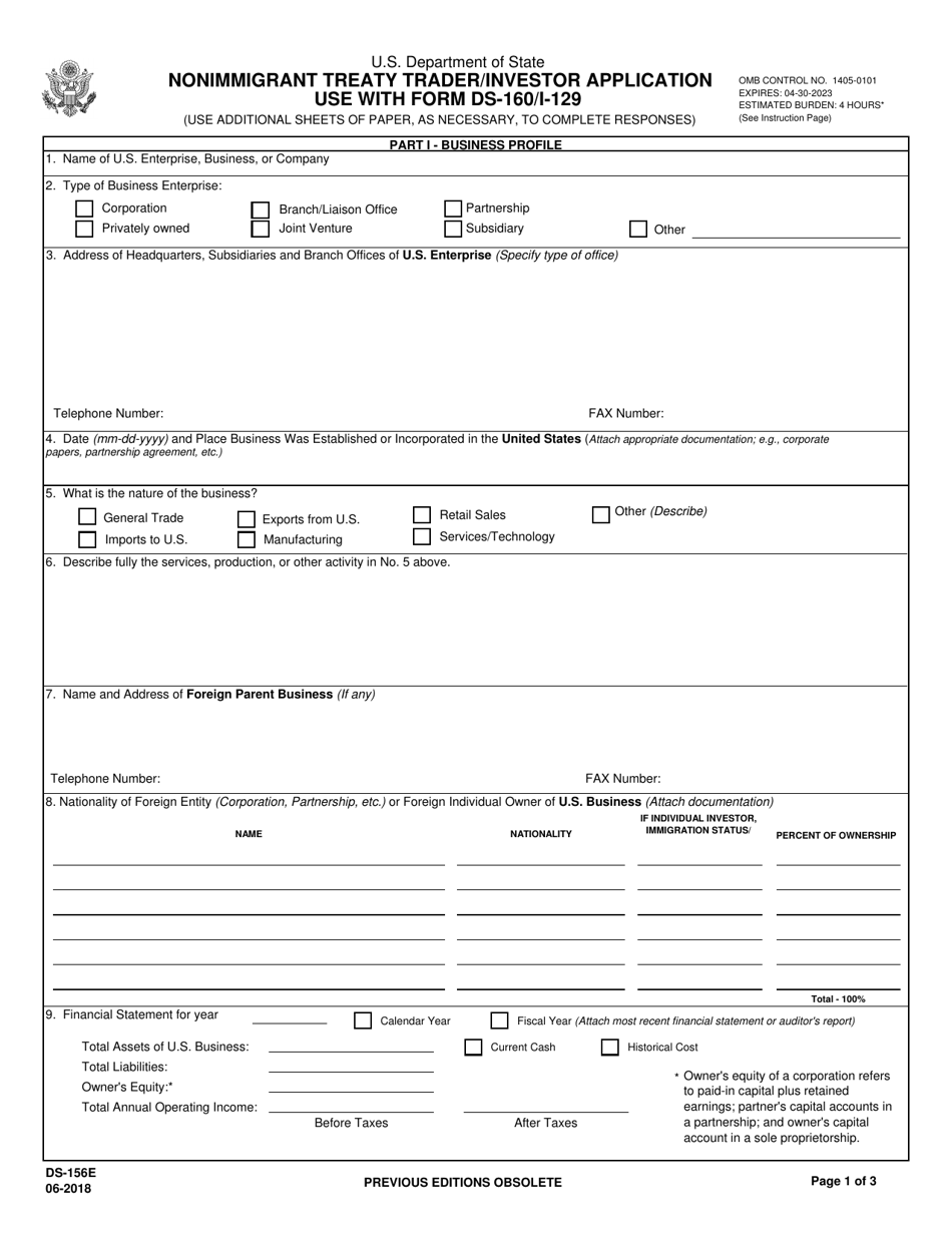 Form DS-156E Download Fillable PDF Or Fill Online Nonimmigrant Treaty ...