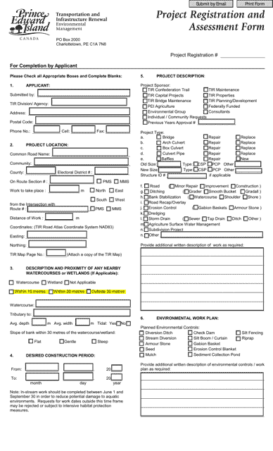 Project Registration and Assessment Form - Prince Edward Island, Canada Download Pdf