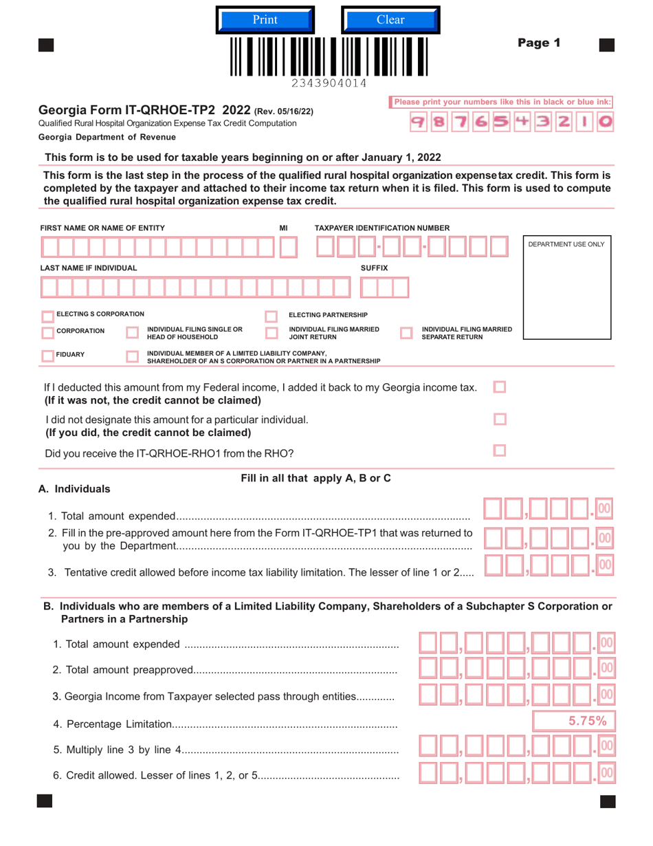 Form IT-QRHOE-TP2 Qualified Rural Hospital Organization Expense Tax Credit Computation - Georgia (United States), Page 1