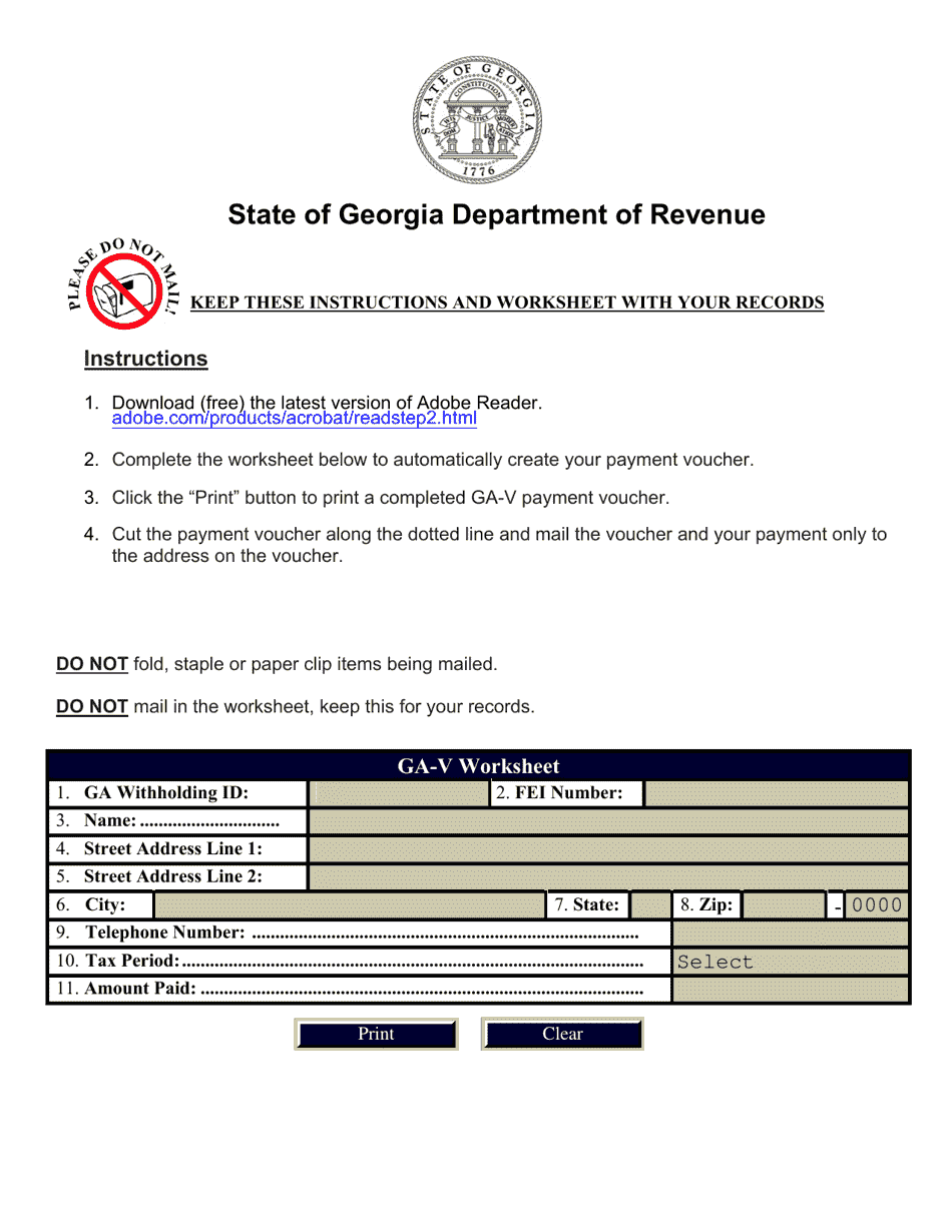 Form GA-V Withholding Monthly Payment Voucher - Georgia (United States), Page 1