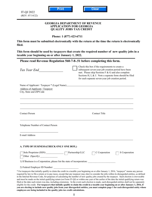 Form IT-QJ Application for Georgia Quality Jobs Tax Credit - Georgia (United States), 2022