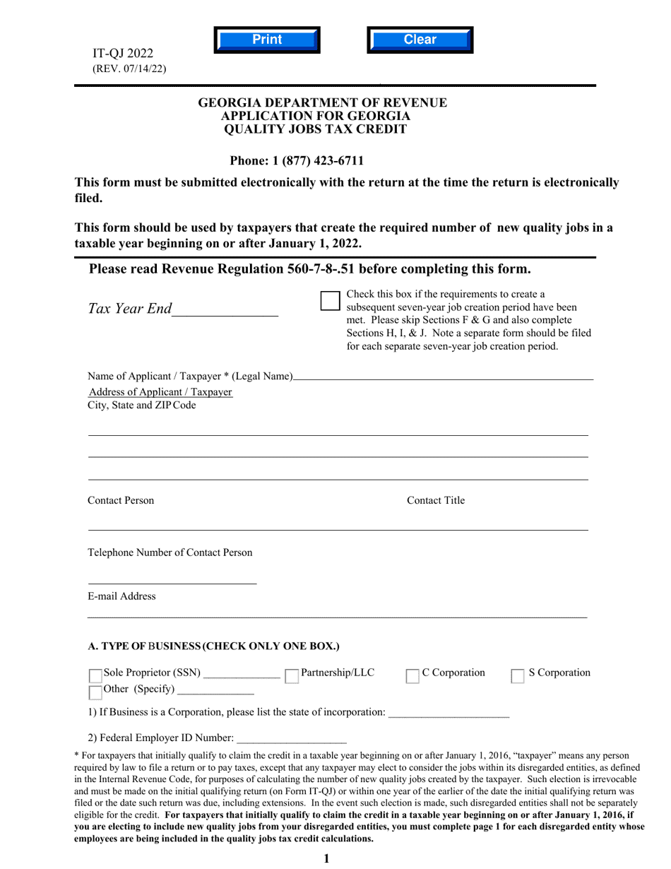 Form IT-QJ Application for Georgia Quality Jobs Tax Credit - Georgia (United States), Page 1