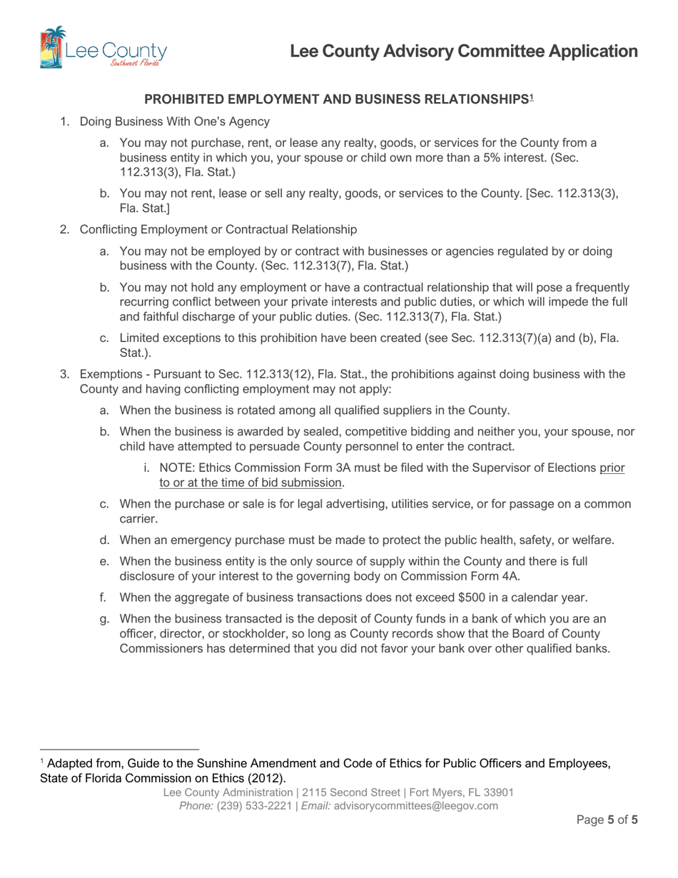 Advisory Committee Application - Lee County, Florida, Page 5