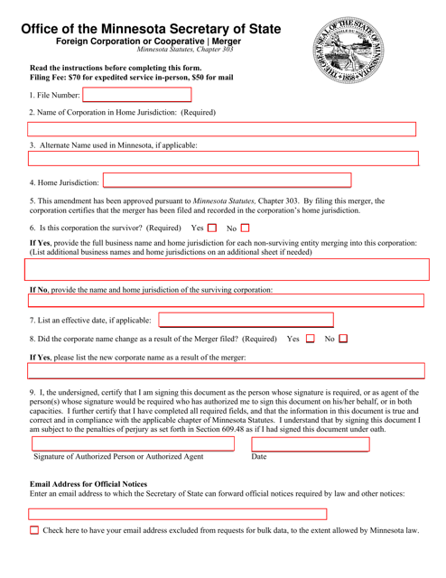 Foreign Corporation or Cooperative Merger Form - Minnesota Download Pdf