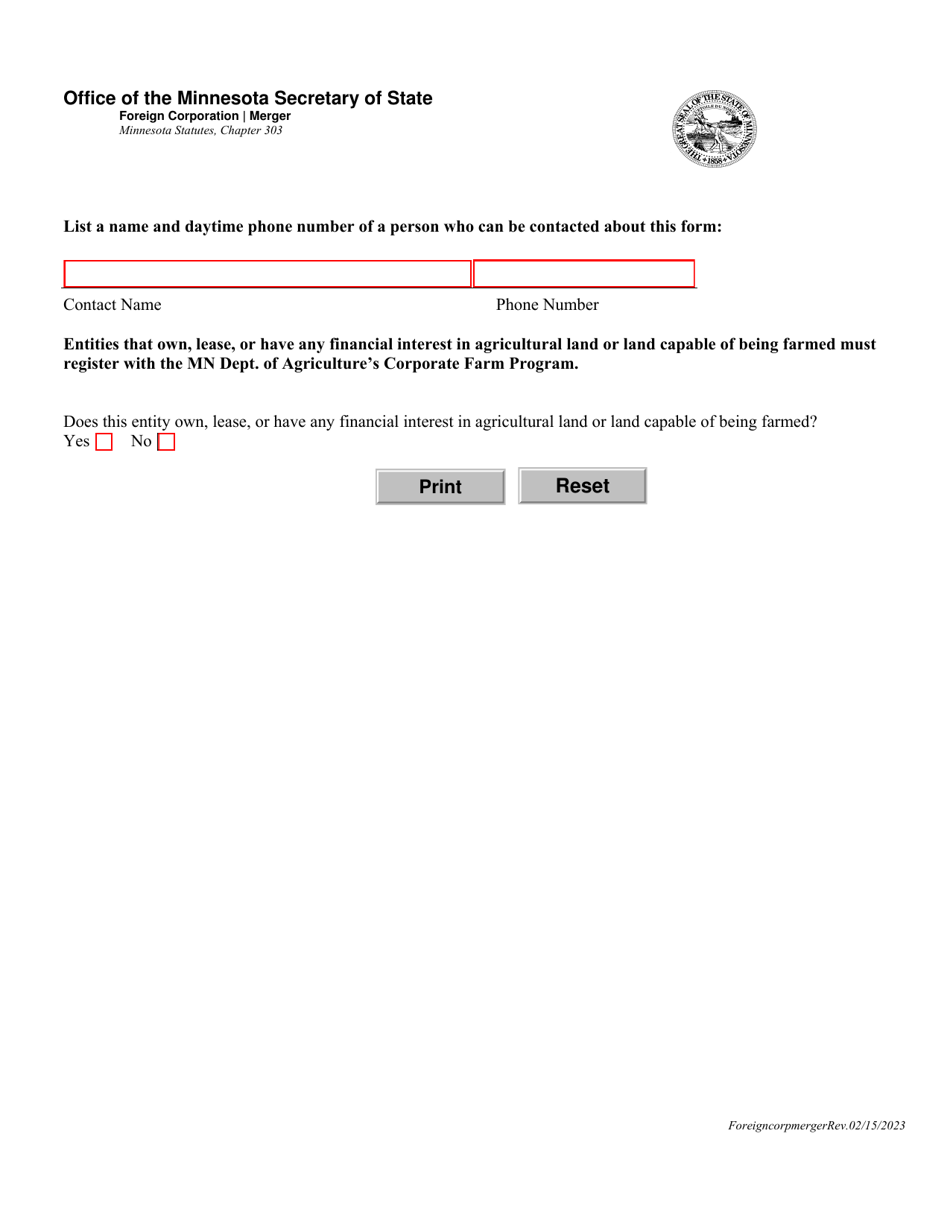 Foreign Corporation or Cooperative Merger Form - Minnesota, Page 2