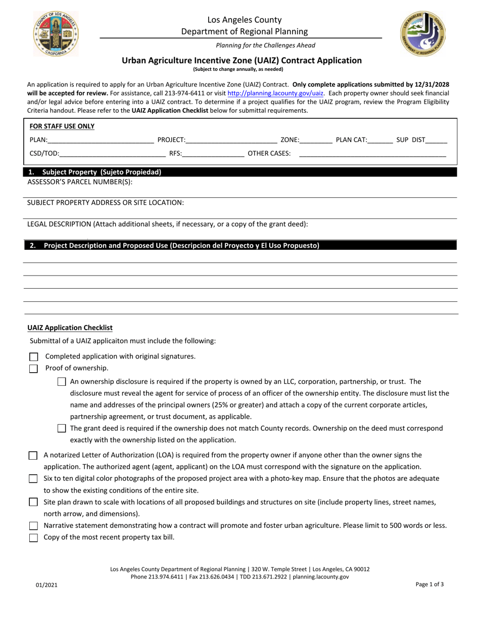 Urban Agriculture Incentive Zone (Uaiz) Contract Application - Los Angeles County, California, Page 1