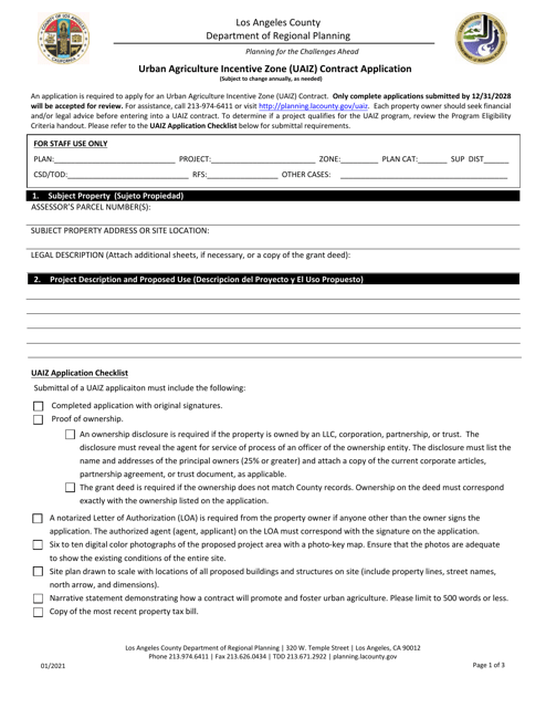 Urban Agriculture Incentive Zone (Uaiz) Contract Application - Los Angeles County, California Download Pdf