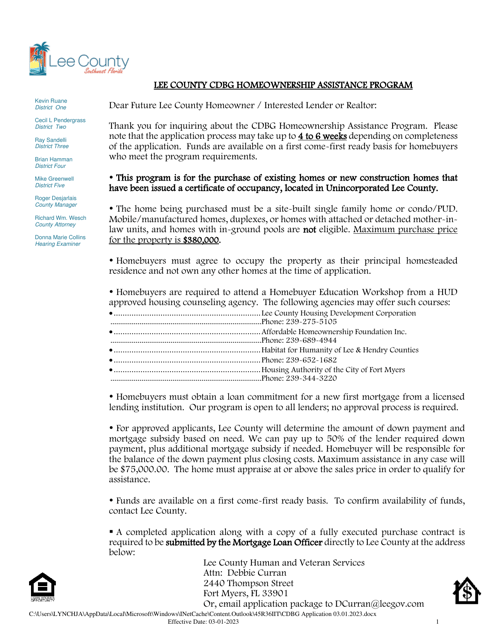 Cdbg Homeownership Assistance Application - Lee County, Florida Download Pdf