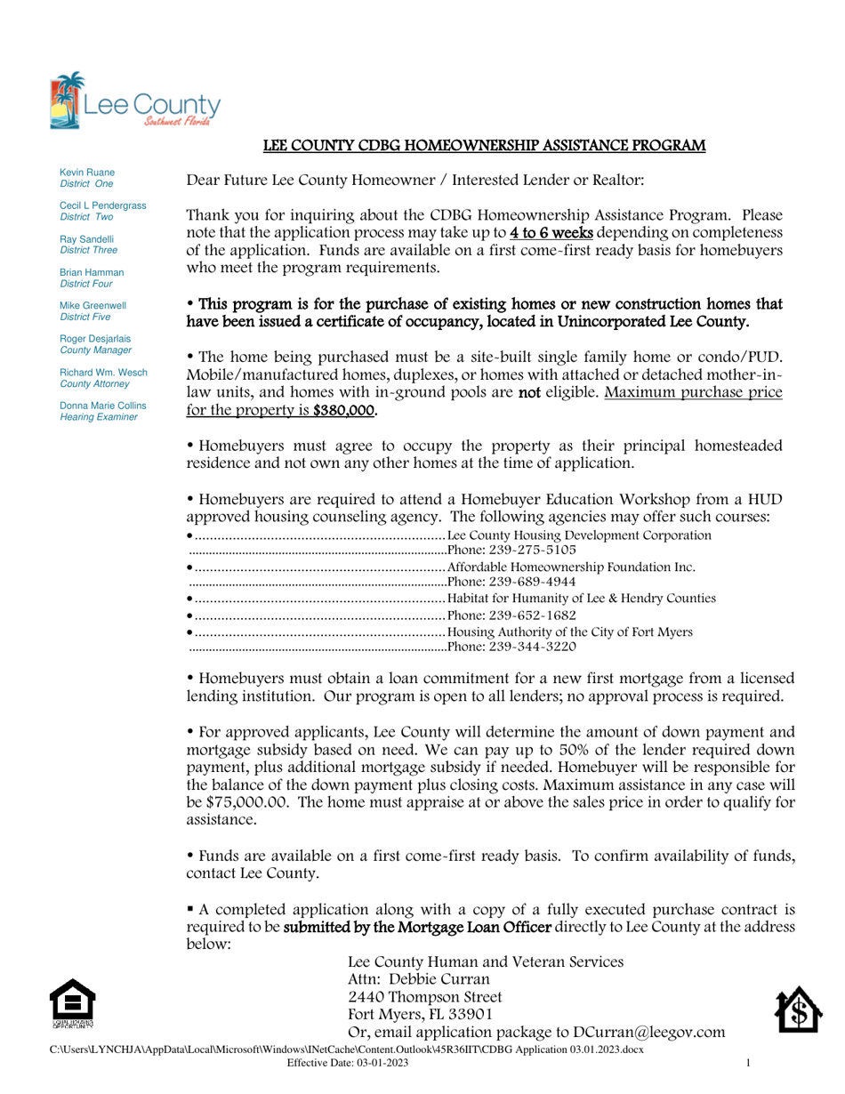 Cdbg Homeownership Assistance Application - Lee County, Florida, Page 1