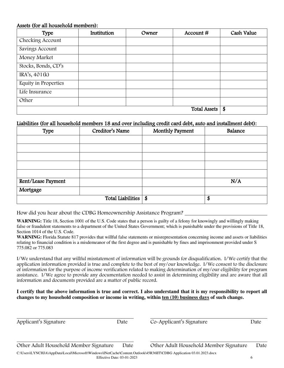 Cdbg Homeownership Assistance Application - Lee County, Florida, Page 6