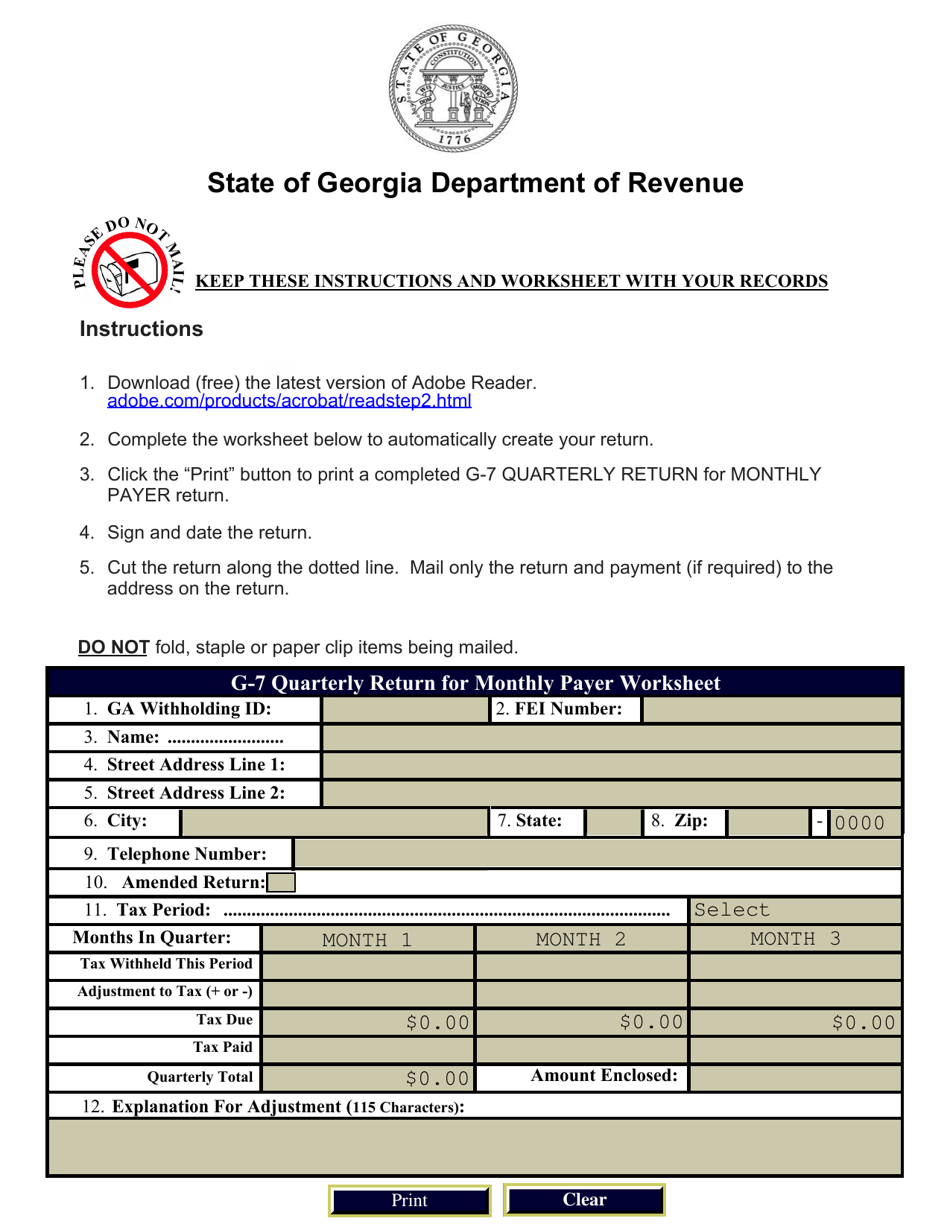 Form G-7 Quarterly Return for Monthly Payer Worksheet - Georgia (United States), Page 1