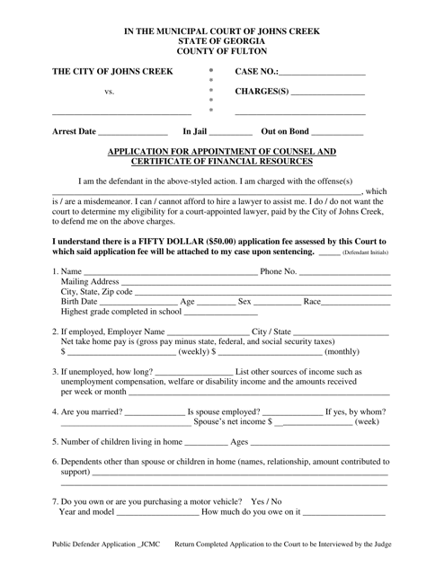 Application for Appointment of Counsel and Certificate of Financial Resources - City of Johns Creek, Georgia (United States) Download Pdf