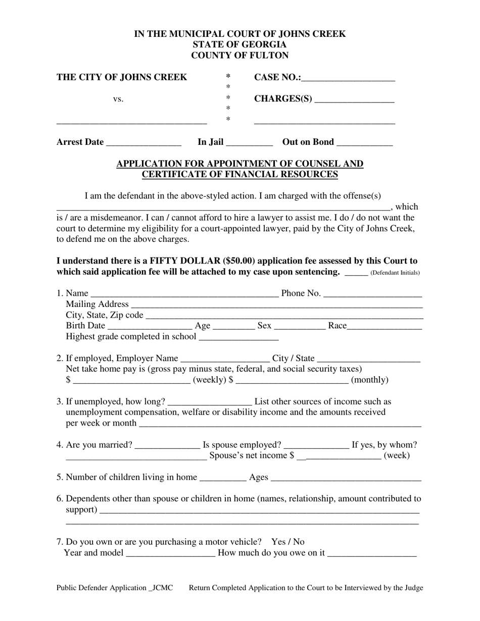 Application for Appointment of Counsel and Certificate of Financial Resources - City of Johns Creek, Georgia (United States), Page 1