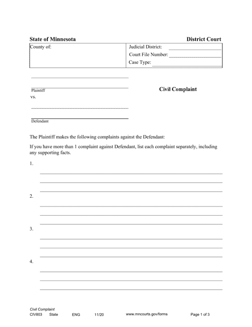 Form CIV803 Civil Complaint - Minnesota