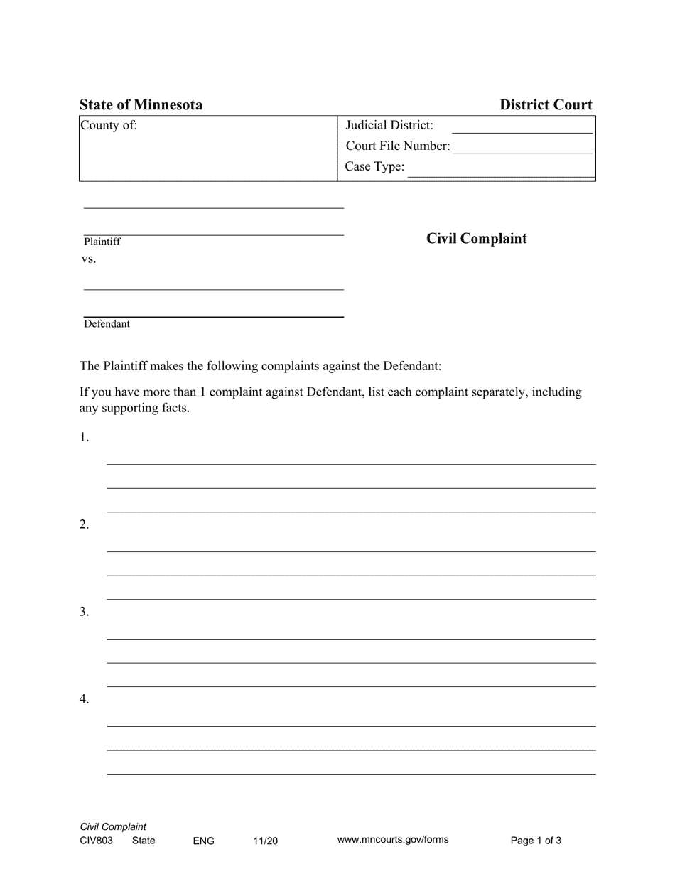 Form CIV803 Civil Complaint - Minnesota, Page 1