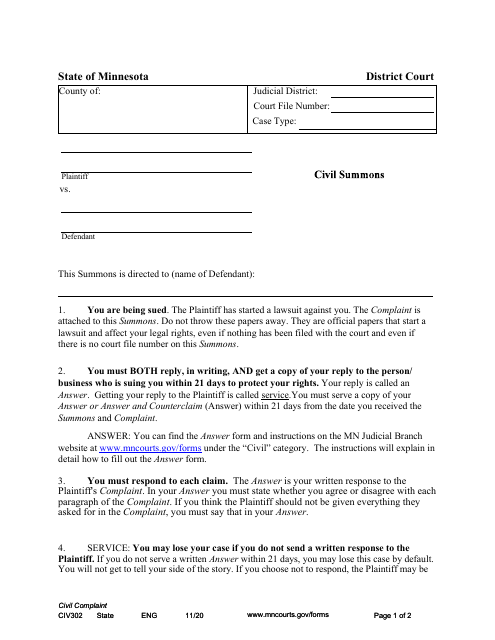 Form CIV802 Civil Summons - Minnesota