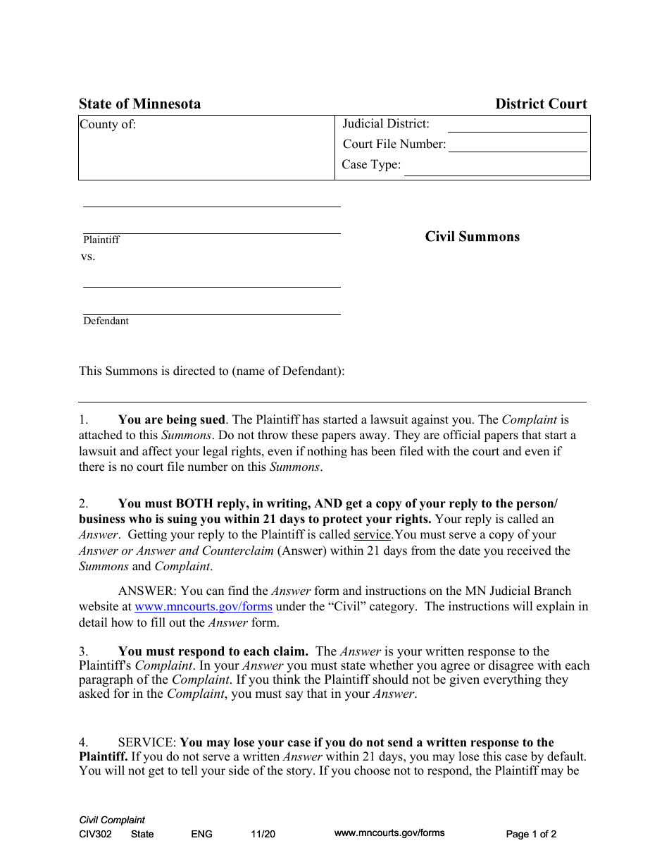 Form CIV802 Civil Summons - Minnesota, Page 1