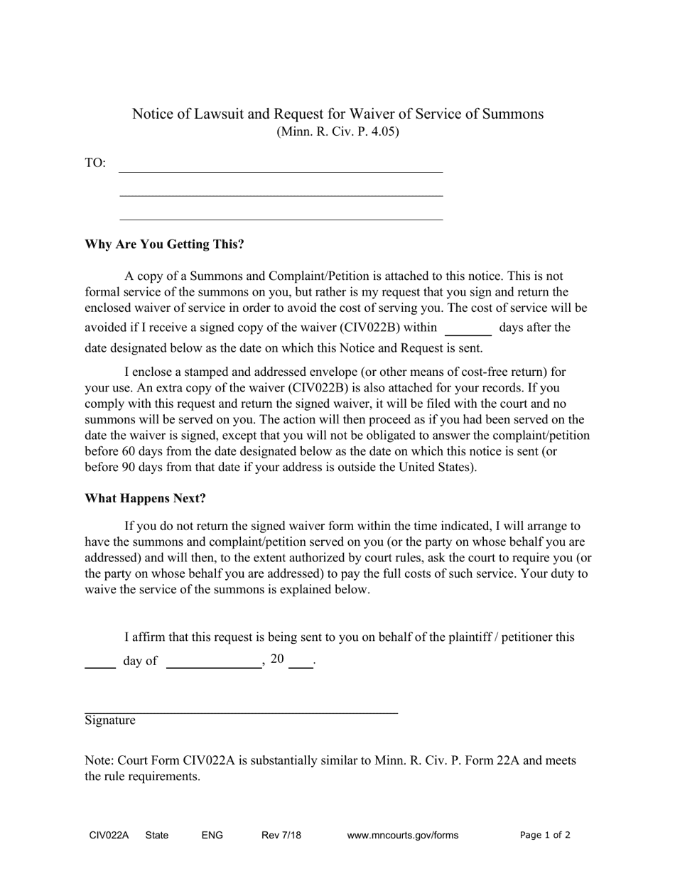 Form CIV022A Notice of Lawsuit and Request for Waiver of Service of Summons - Minnesota, Page 1