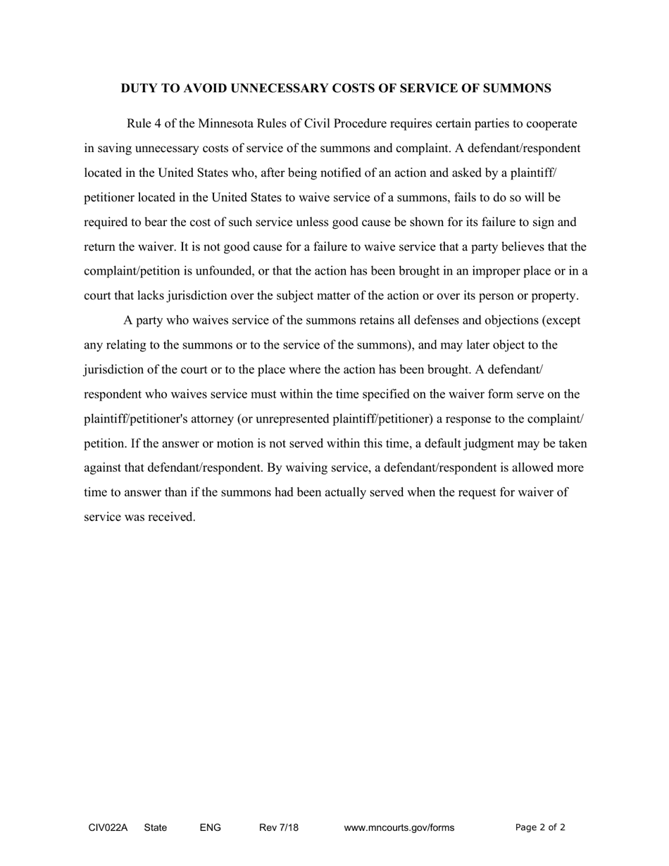 Form CIV022A Notice of Lawsuit and Request for Waiver of Service of Summons - Minnesota, Page 2