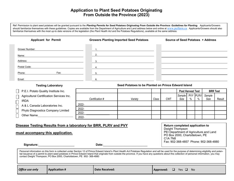 Application to Plant Seed Potatoes Originating From Outside the Province - Prince Edward Island, Canada, Page 1