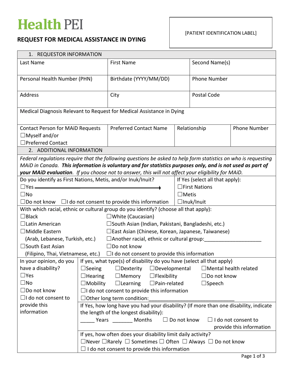Request for Medical Assistance in Dying - Prince Edward Island, Canada, Page 1