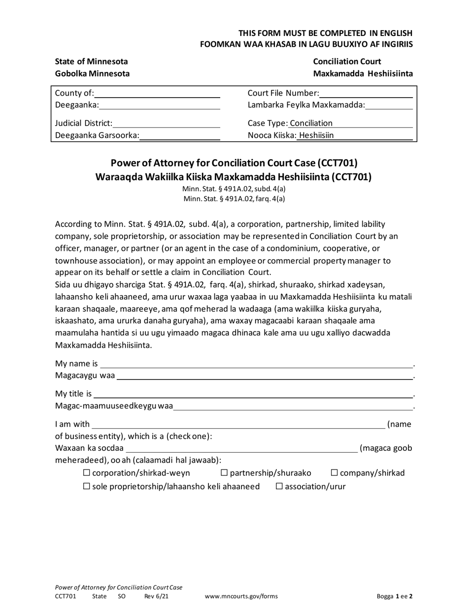 Form CCT701 Power of Attorney for Conciliation Court Case - Minnesota (English / Somali), Page 1