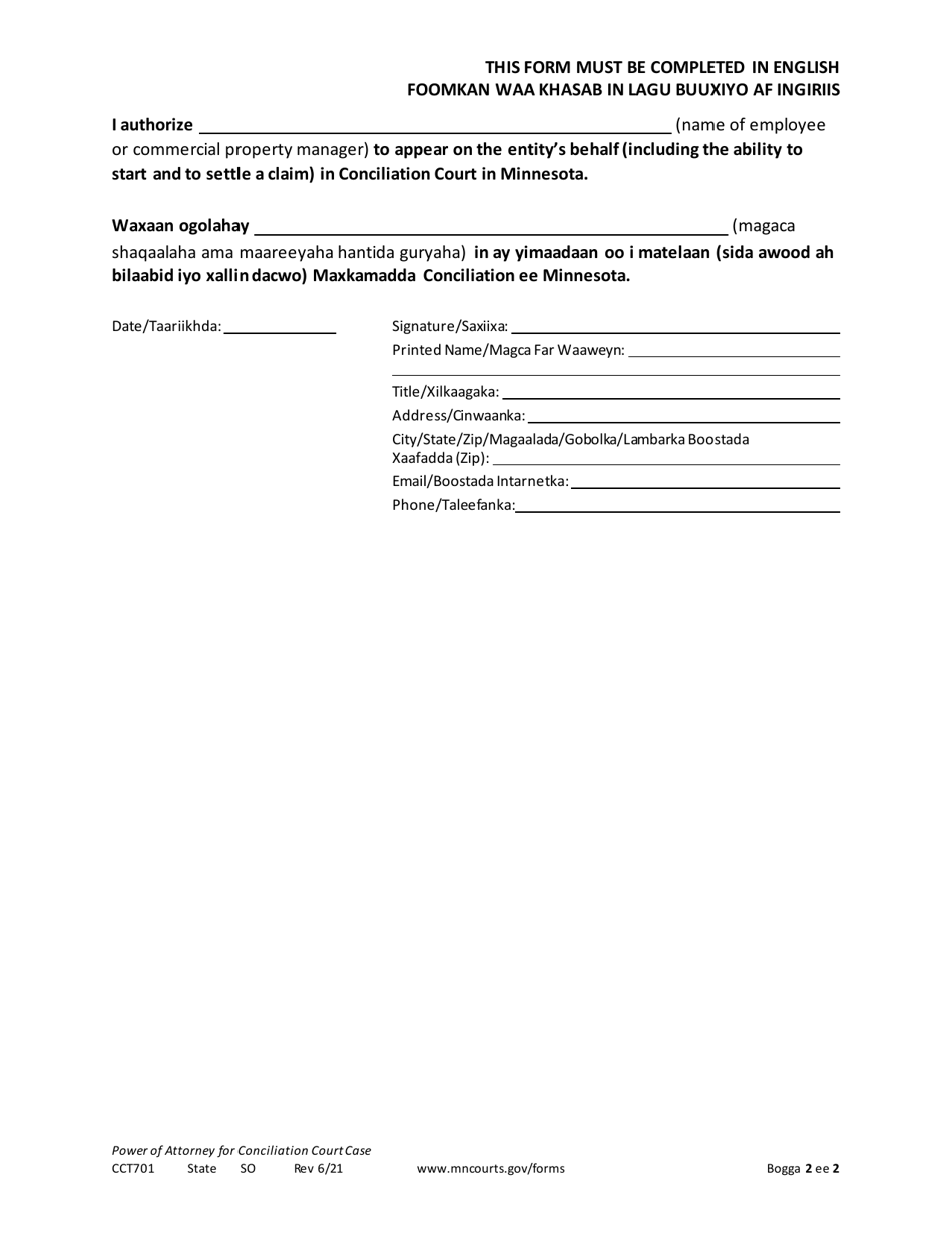 Form CCT701 Power of Attorney for Conciliation Court Case - Minnesota (English / Somali), Page 2