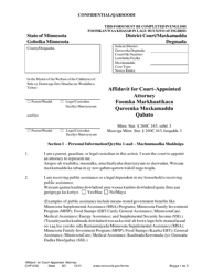 Document preview: Form CHP1002 Affidavit for Court-Appointed Attorney - Minnesota (English/Somali)