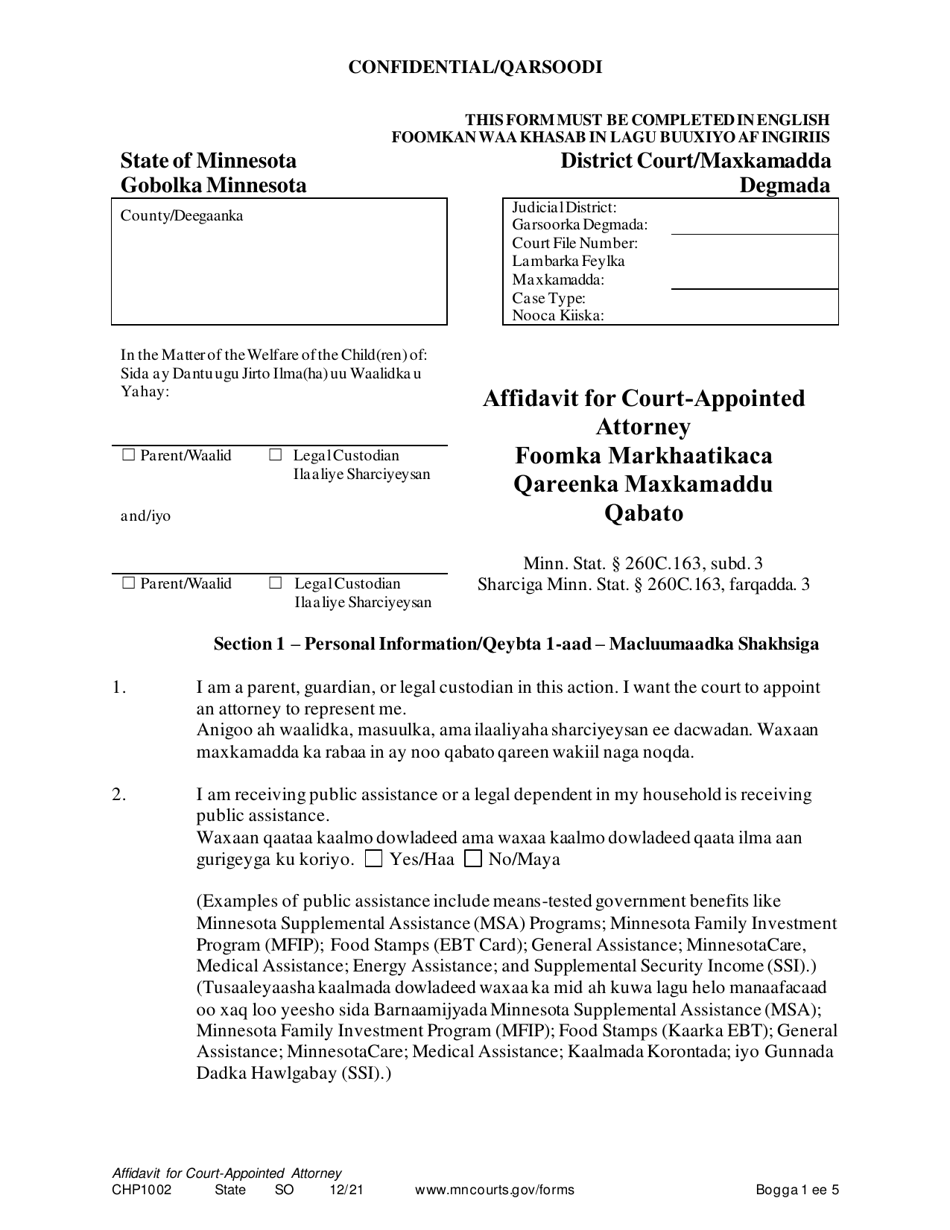 Form CHP1002 Affidavit for Court-Appointed Attorney - Minnesota (English / Somali), Page 1