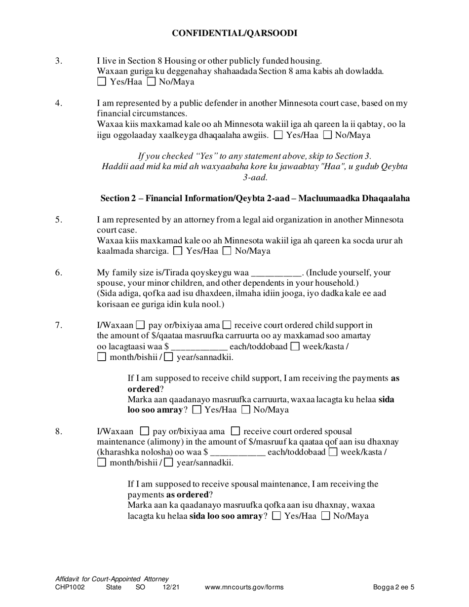 Form CHP1002 Affidavit for Court-Appointed Attorney - Minnesota (English / Somali), Page 2