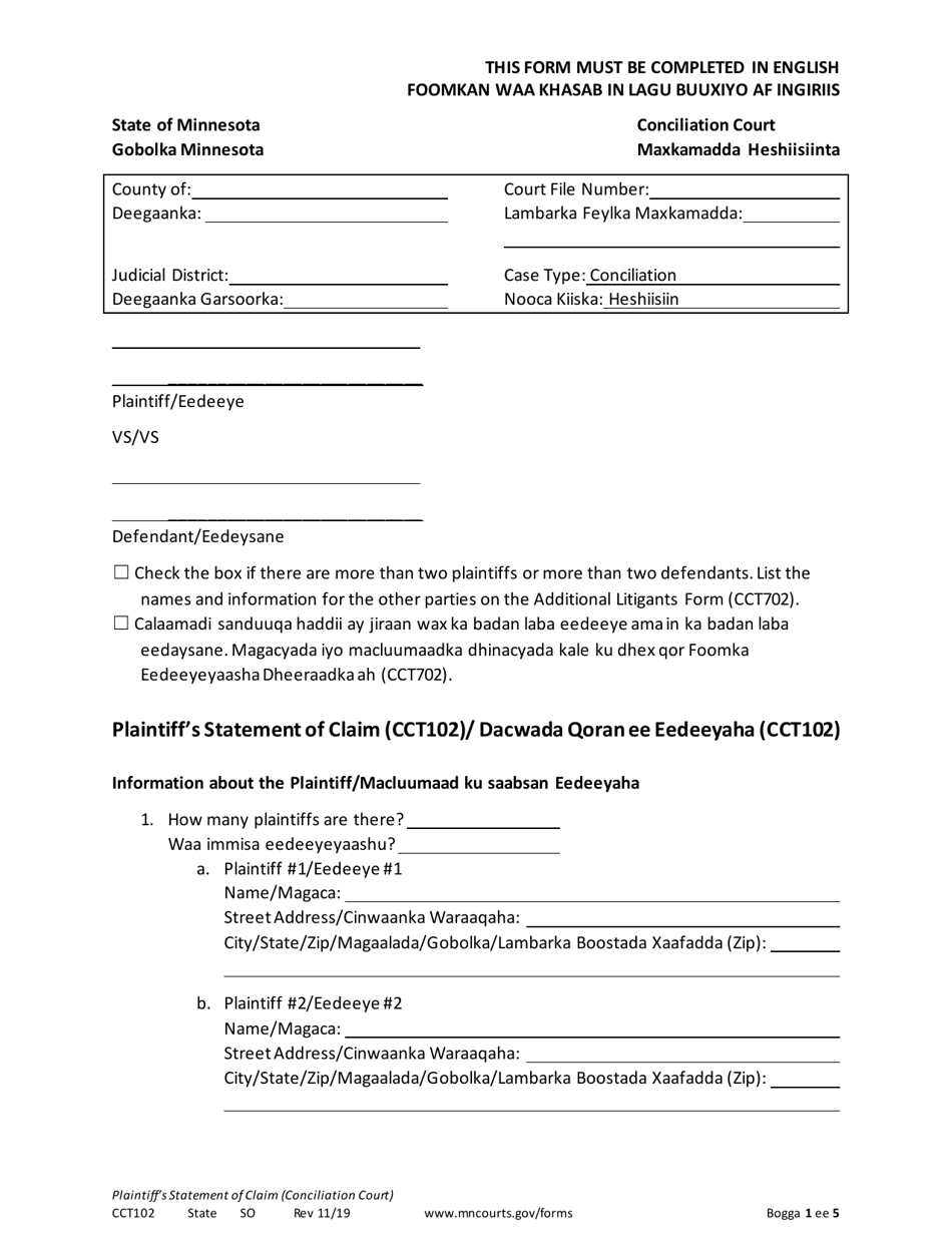 Form CCT102 Plaintiffs Statement of Claim - Minnesota (English / Somali), Page 1