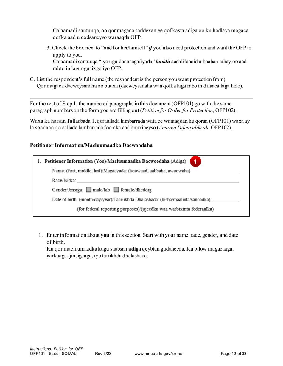 Form OFP101 Instructions - Asking for an Order for Protection (Ofp) - Minnesota (English / Somali), Page 12