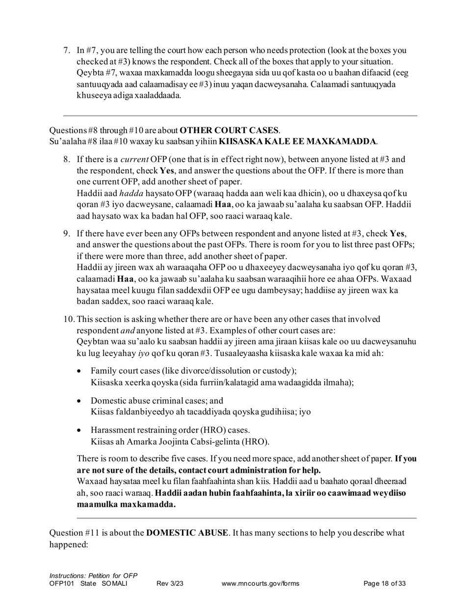 Form OFP101 Instructions - Asking for an Order for Protection (Ofp) - Minnesota (English / Somali), Page 18