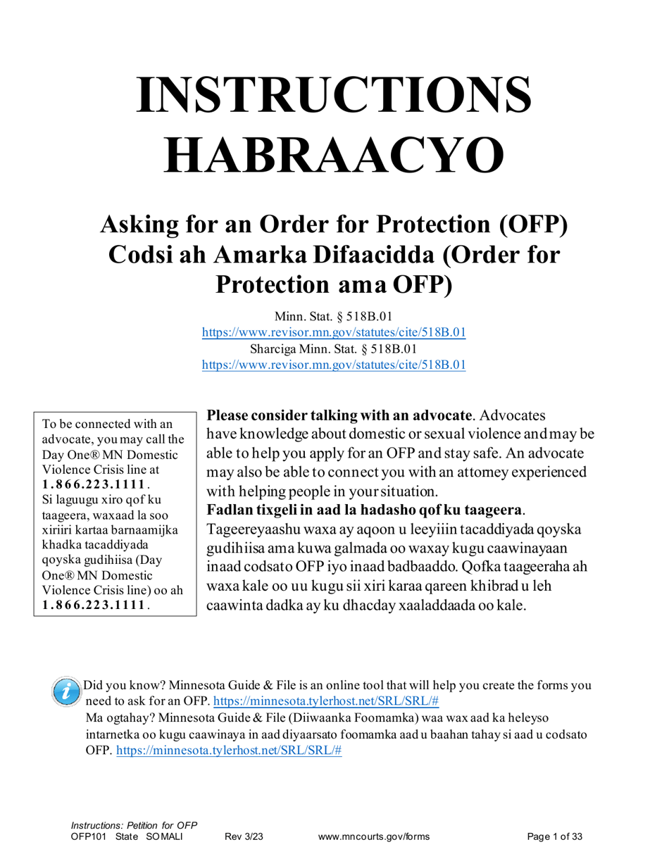 Form OFP101 Instructions - Asking for an Order for Protection (Ofp) - Minnesota (English / Somali), Page 1