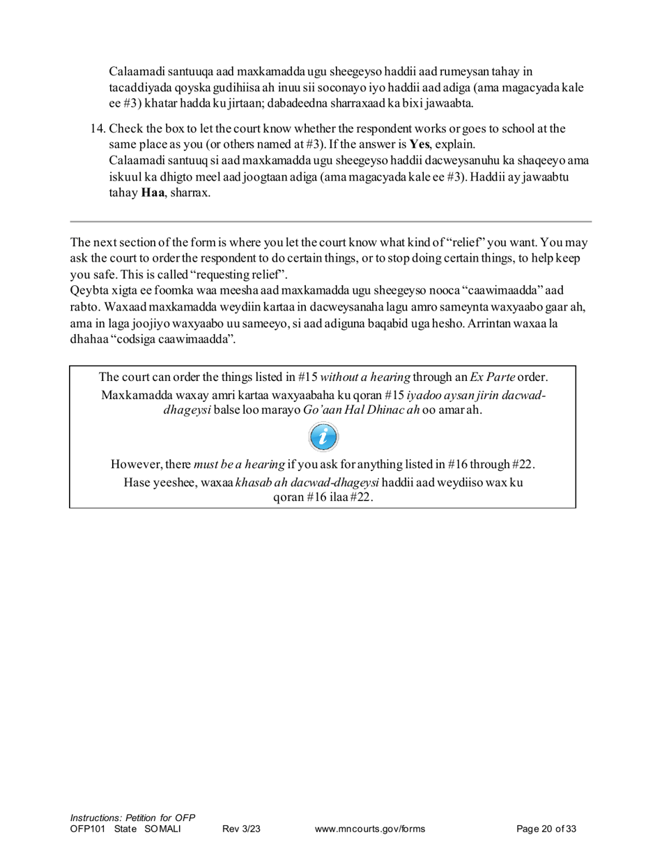 Form OFP101 Instructions - Asking for an Order for Protection (Ofp) - Minnesota (English / Somali), Page 20
