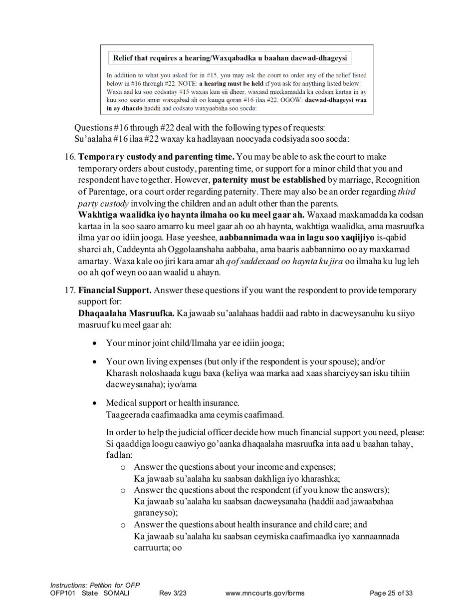 Form OFP101 Instructions - Asking for an Order for Protection (Ofp) - Minnesota (English / Somali), Page 25