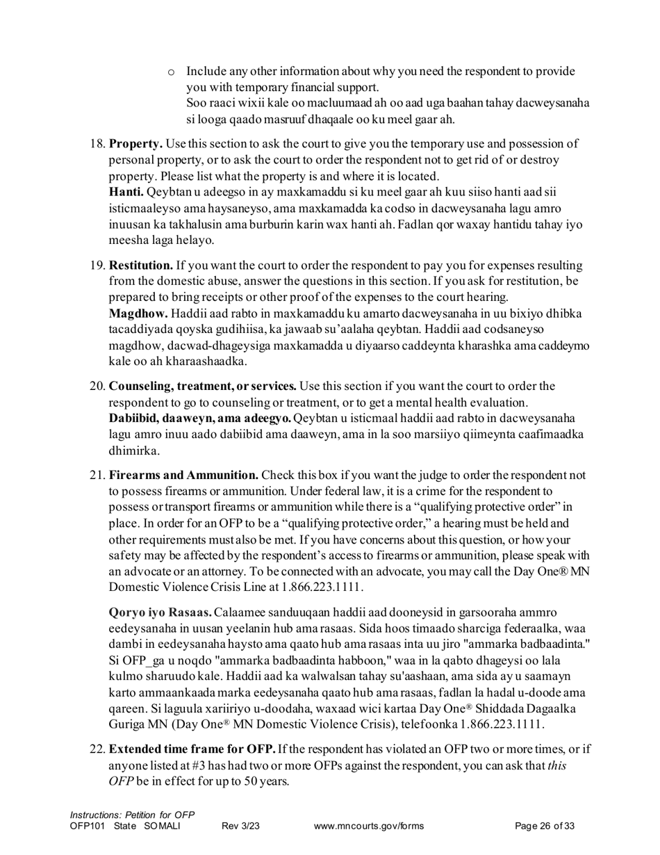 Form OFP101 Instructions - Asking for an Order for Protection (Ofp) - Minnesota (English / Somali), Page 26