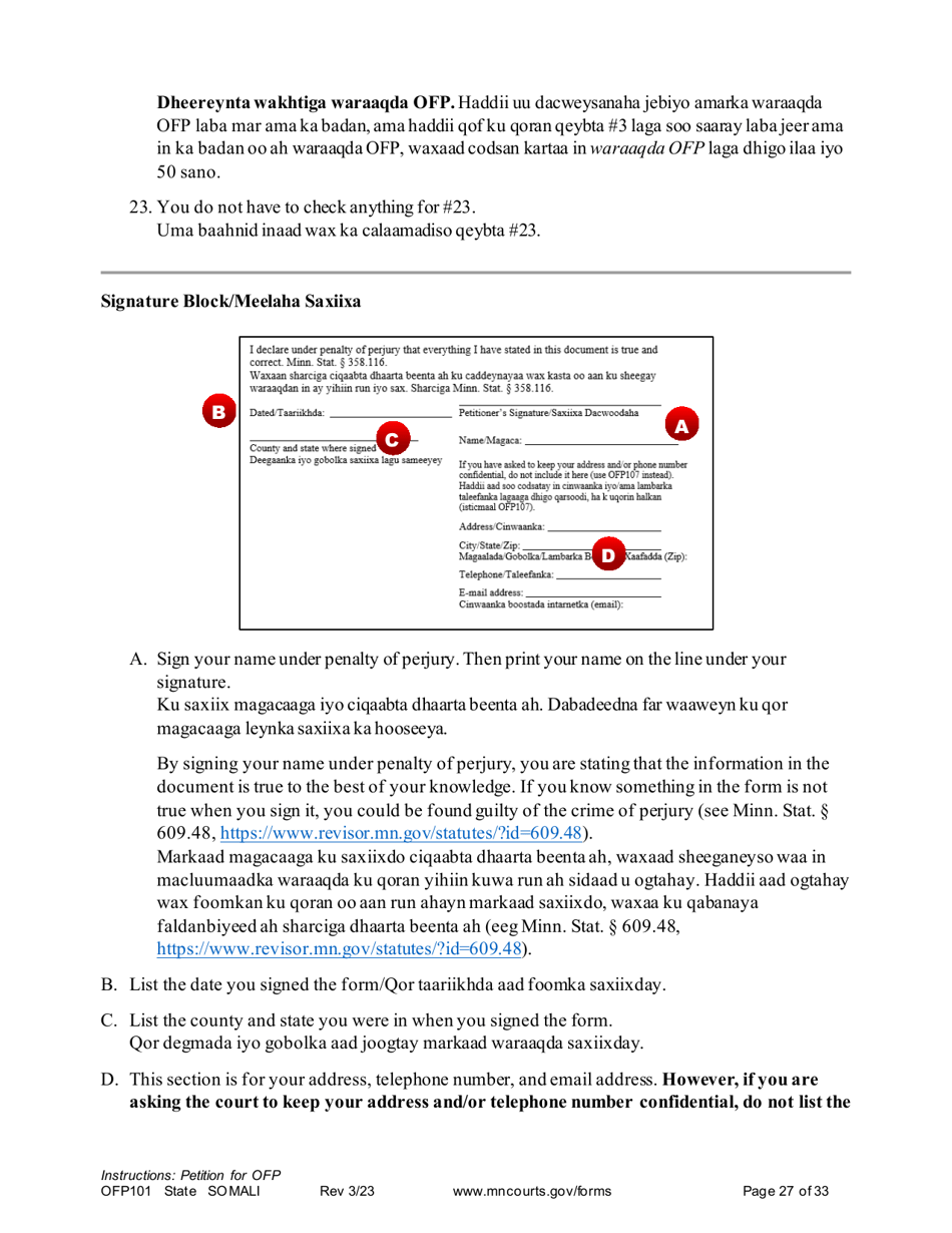 Form OFP101 Instructions - Asking for an Order for Protection (Ofp) - Minnesota (English / Somali), Page 27