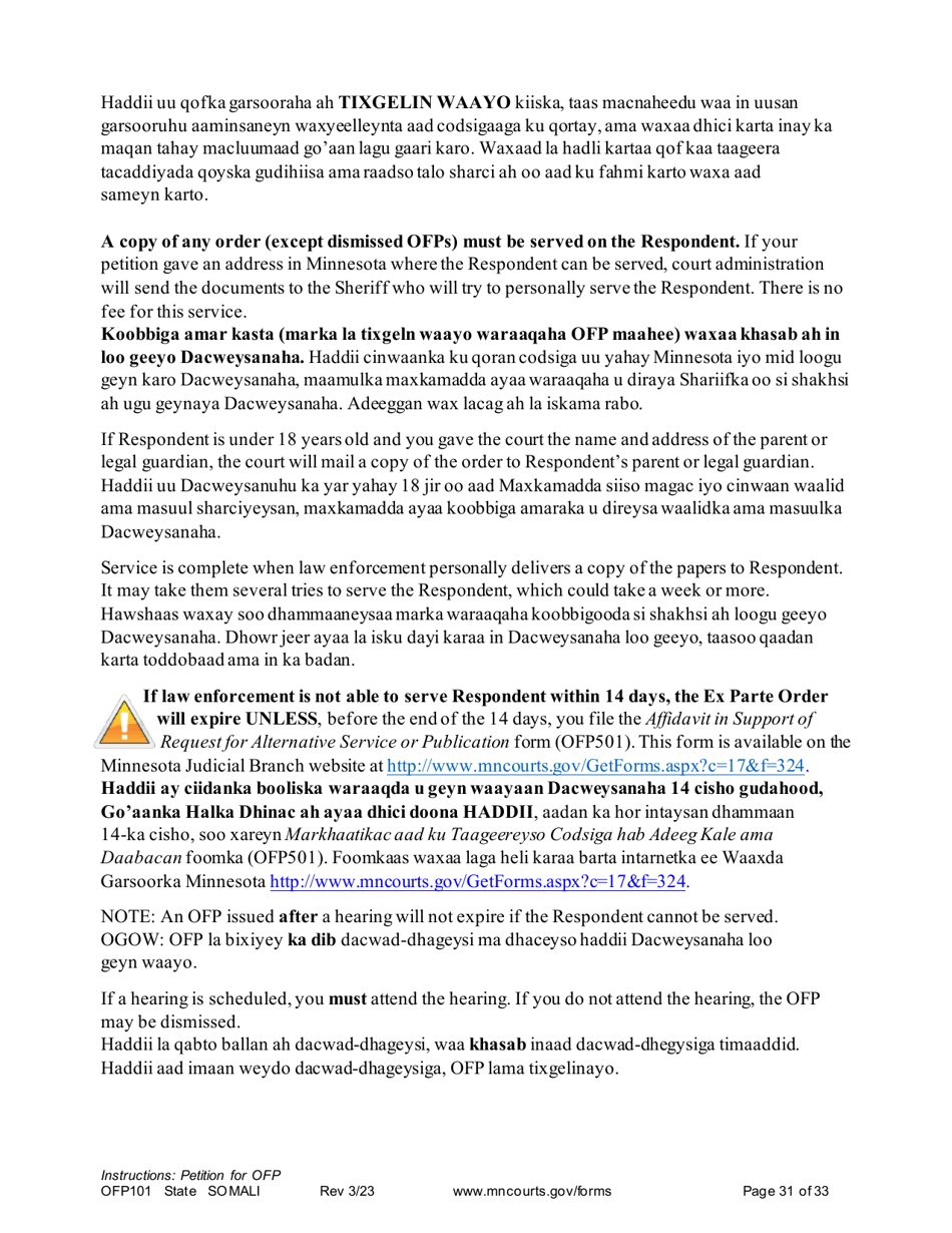 Form OFP101 Instructions - Asking for an Order for Protection (Ofp) - Minnesota (English / Somali), Page 31