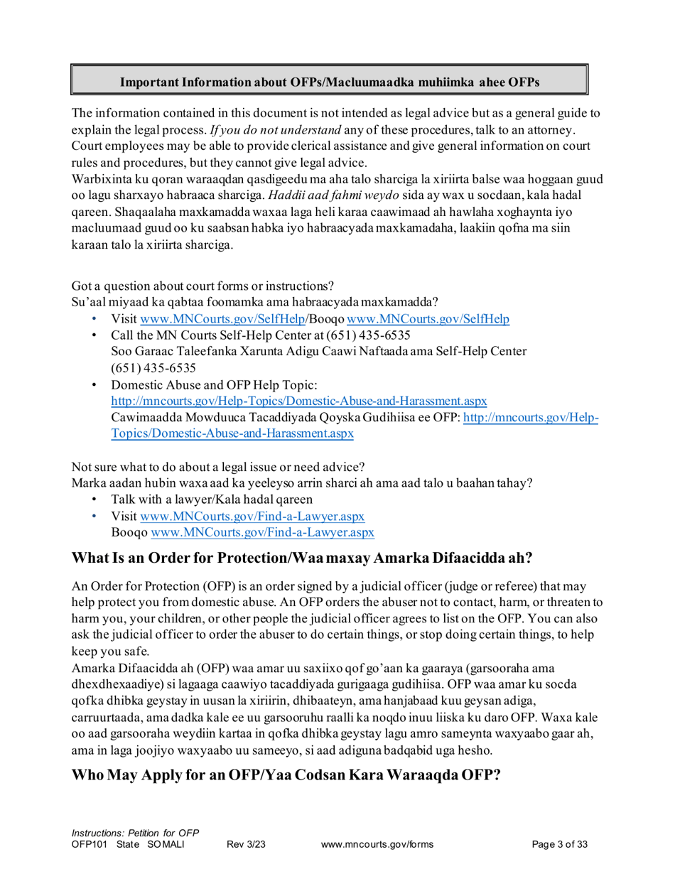 Form OFP101 Instructions - Asking for an Order for Protection (Ofp) - Minnesota (English / Somali), Page 3