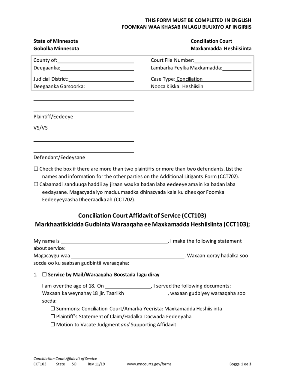 Form CCT103 Conciliation Court Affidavit of Service - Minnesota (English / Somali), Page 1