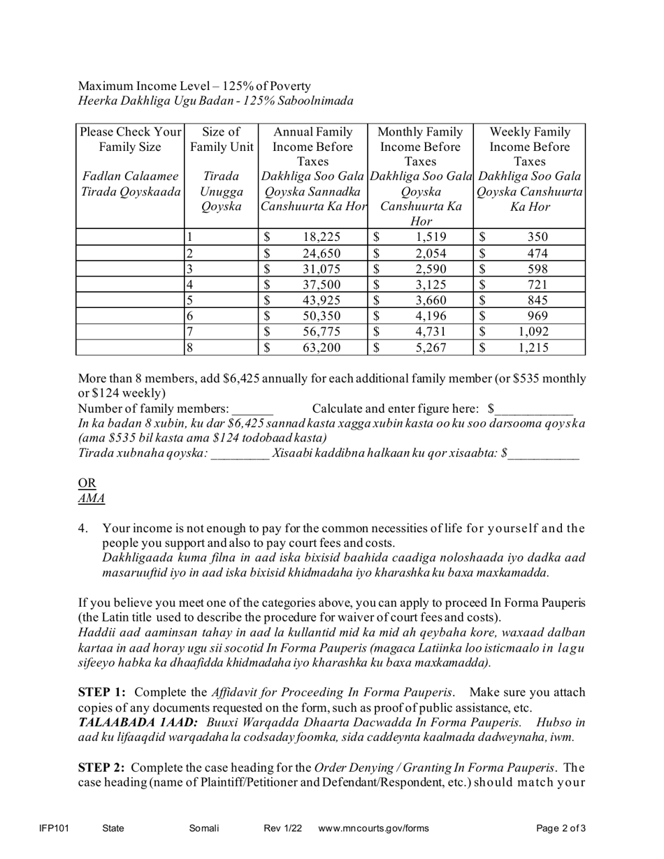 Form IFP101 Instructions - Waiver of Court Fees and Costs - Minnesota (English / Somali), Page 2