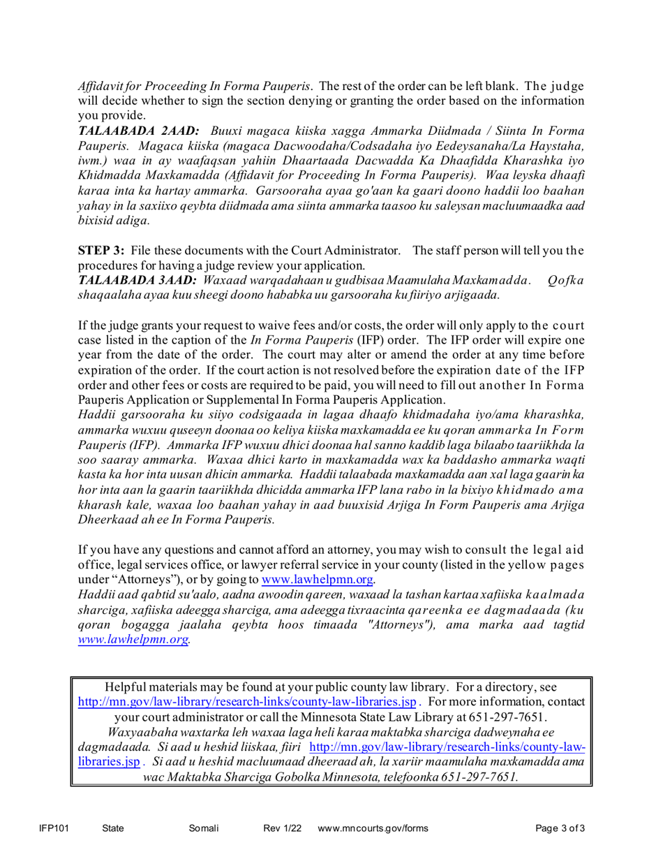 Form IFP101 Instructions - Waiver of Court Fees and Costs - Minnesota (English / Somali), Page 3