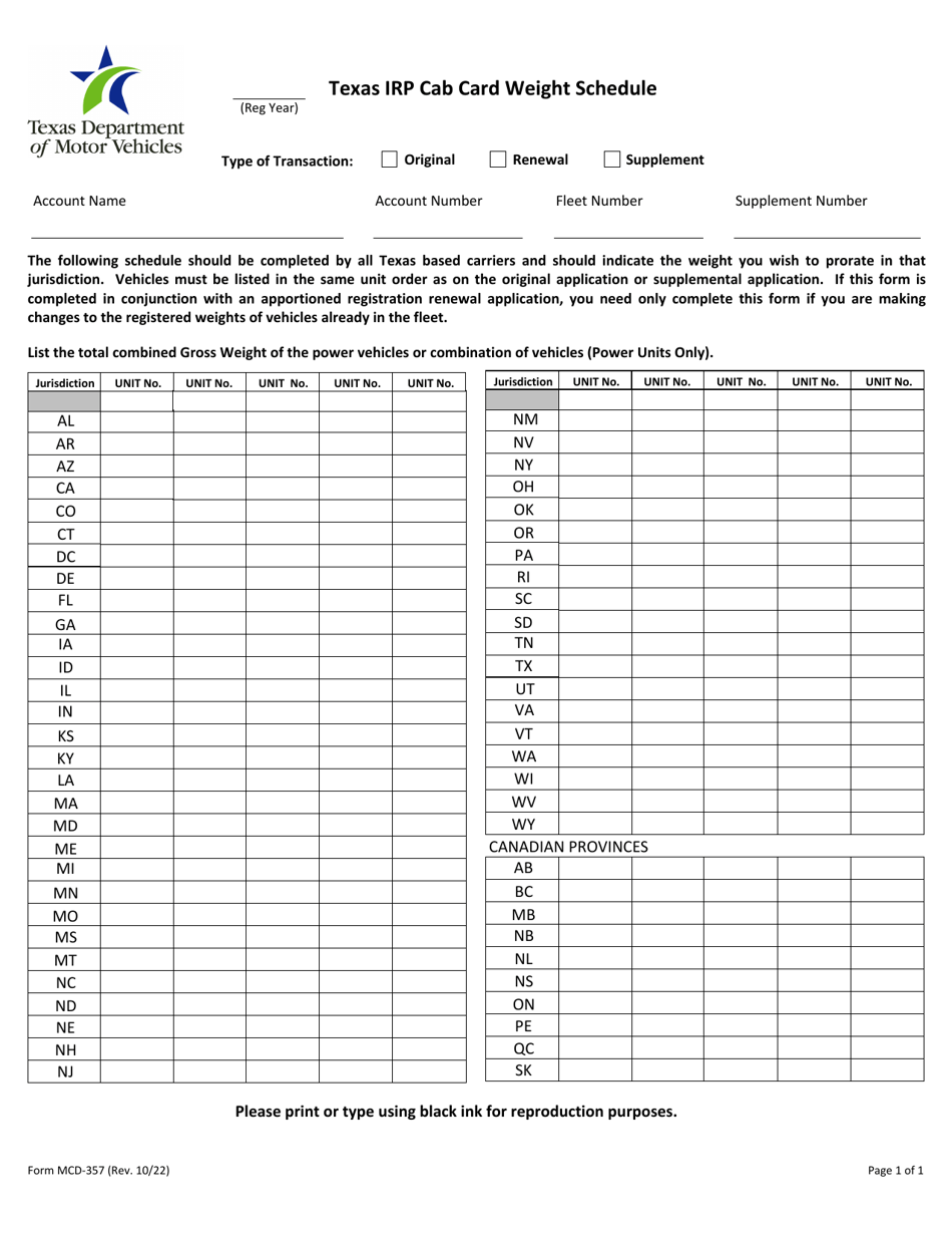 Form MCD-357 Download Fillable PDF or Fill Online Texas Irp Cab Card ...