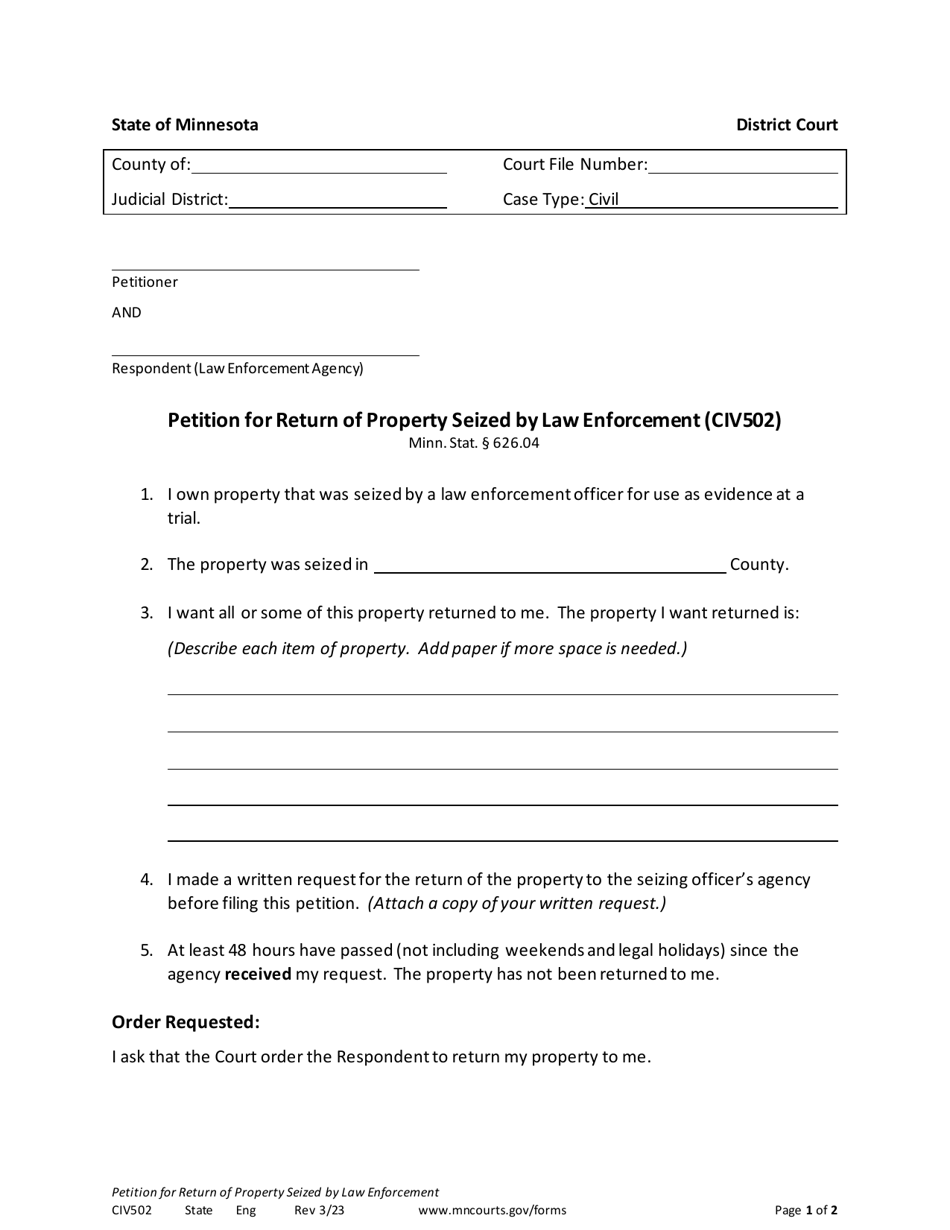 Form CIV502 Petition for Return of Property Seized by Law Enforcement - Minnesota, Page 1