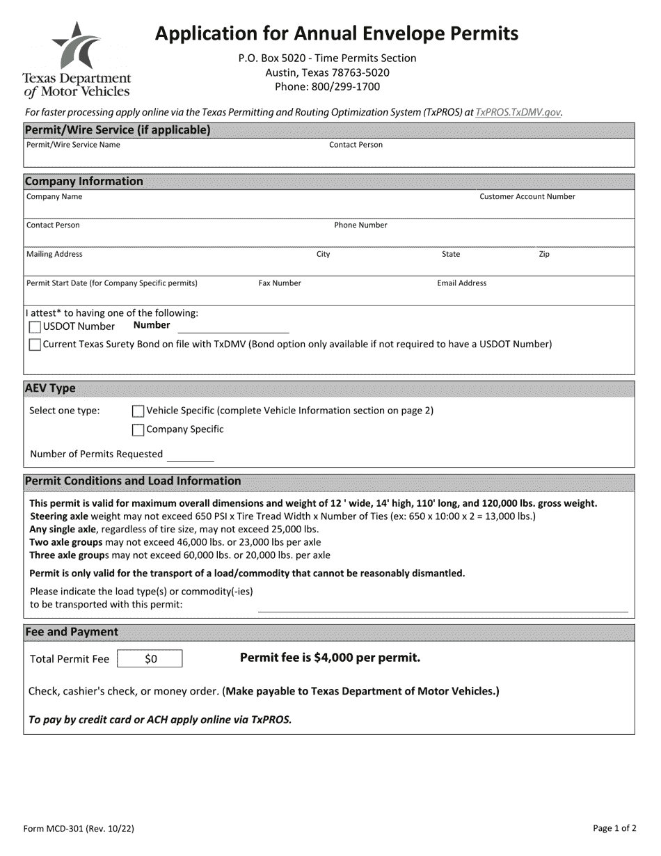 Form MCD-301 Application for Annual Envelope Permits - Texas, Page 1