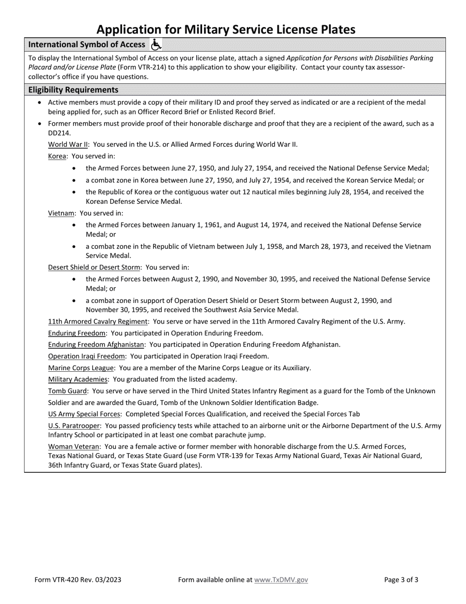 Form VTR-420 Application for Military Service License Plates - Texas, Page 3
