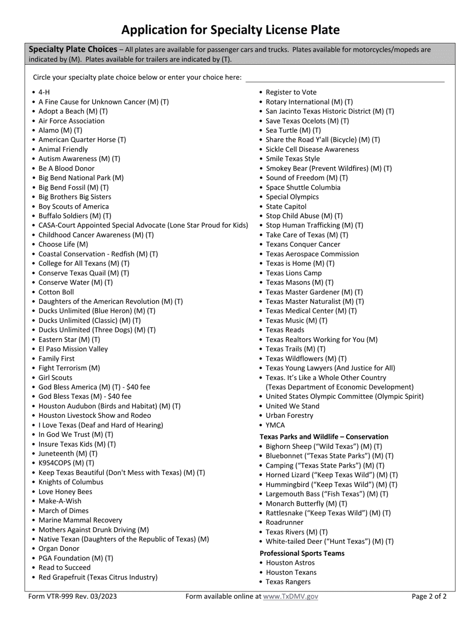 Form VTR-999 Application for Specialty License Plate - Texas, Page 2